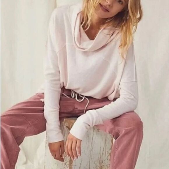 Free People Pink Sweater Cozy Time Funnel Large Cowl Neck Blush Oversized - Picture 14 of 16